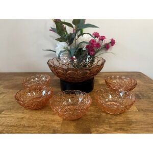 Vintage Pink Depression Glass Thumbprint Pattern Berry Bowl Set Serving‎ Bowl